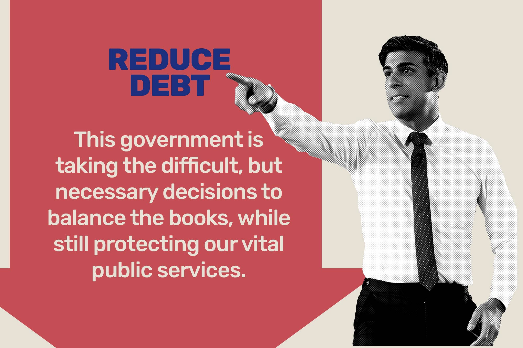 Picture of Rishi Sunak with text reading: This government is taking necessary decisions to balance the books, while still protecting our vital public services. 